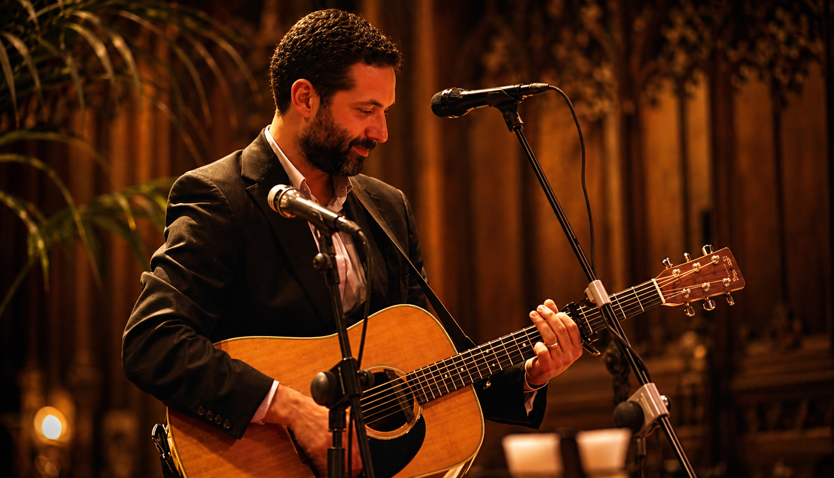 Jaime Anglada at the Cathedral of Palma, smiling quietly with his guitar