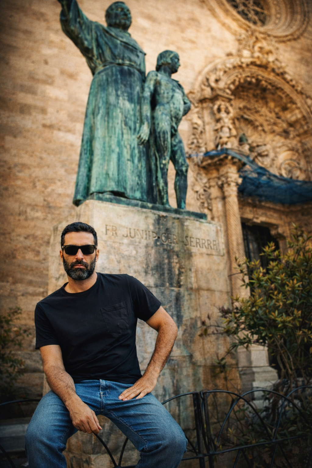 Jaime Anglada at the foot of the Father Serra statue, Basílica de Sant Francesc, Palma de Mallorca
