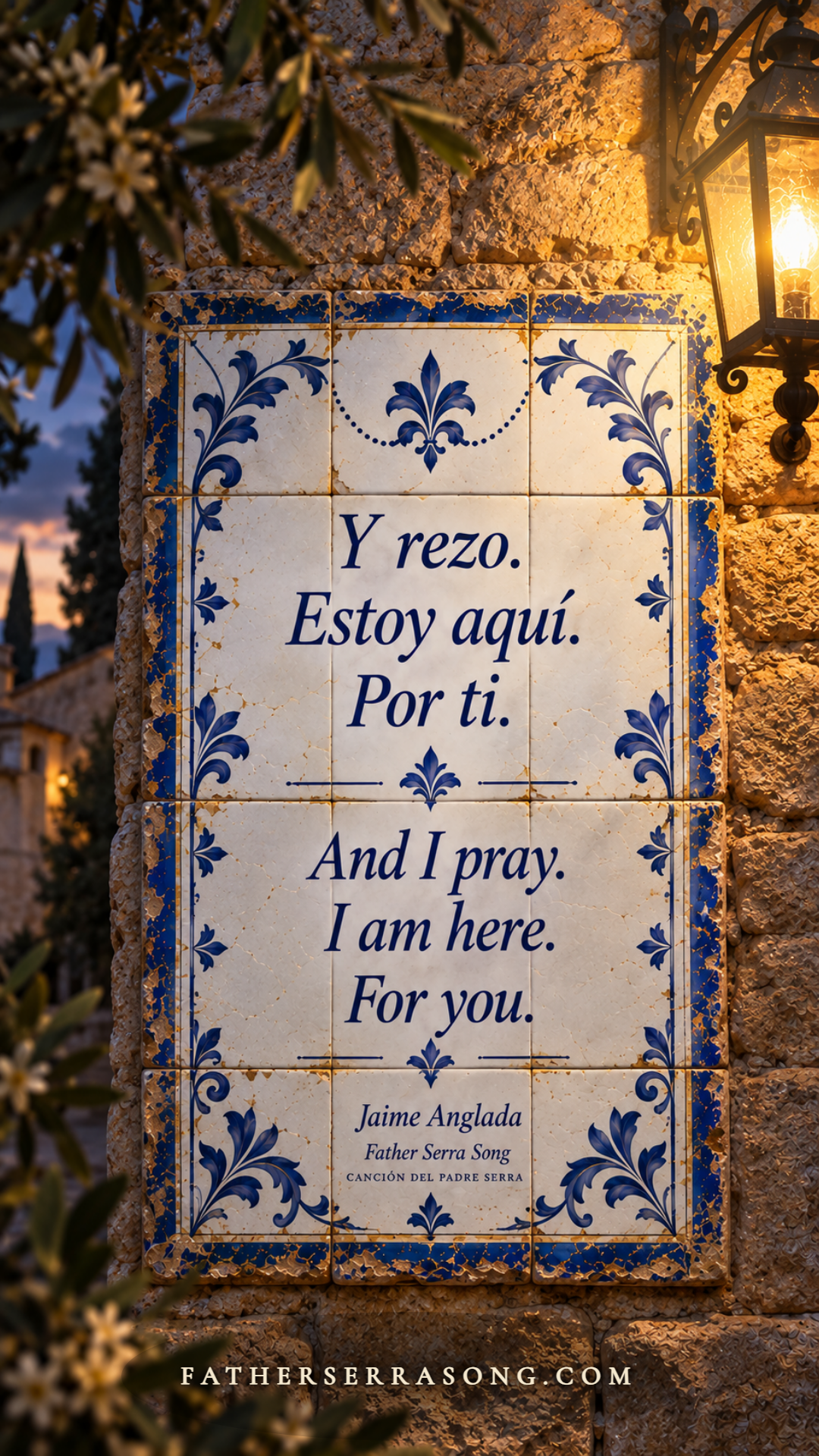 A Mallorcan tile at dusk — Y rezo. Estoy aquí. Por ti.