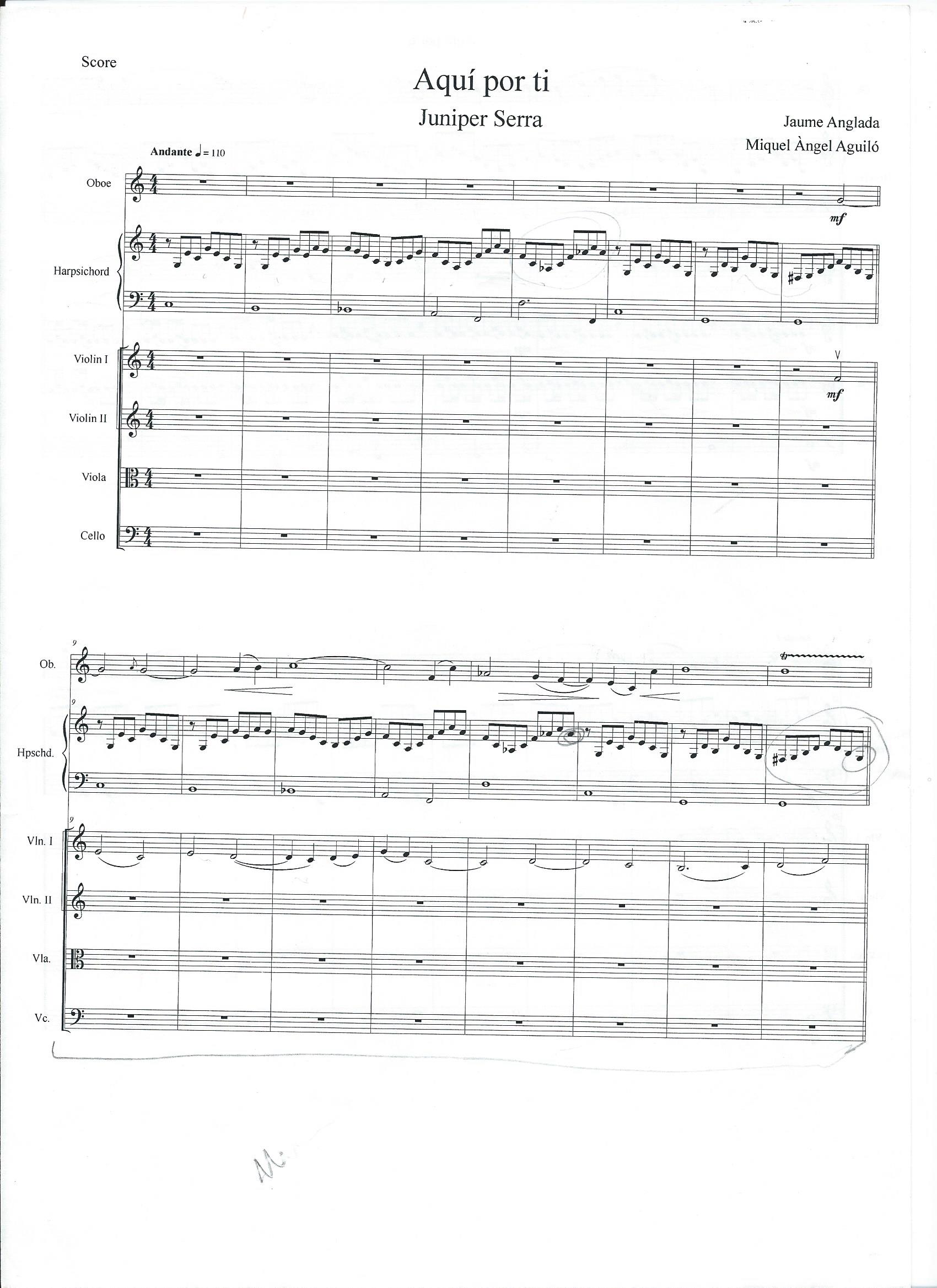 First page of the orchestral score for Aquí Por Ti